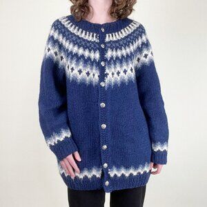 Vintage Hand Knit Fair Isle Wool Cardigan Sweater Scandinavian Oversized Chunky